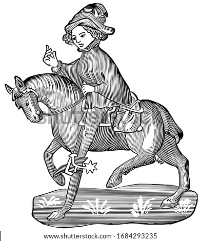 The Canon's Yeoman from Chaucer's Canterbury Tales, this picture shows The Canon's Yeoman riding on horse, vintage line drawing or engraving illustration