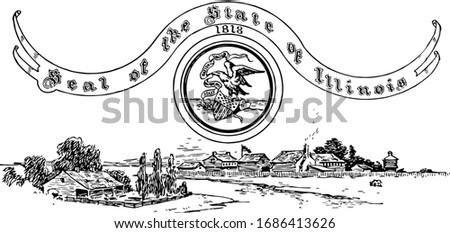 The United States seal of Illinois with Chicago during 1830 in the background, banner is in eagle's beak reads State Sovereignty, National Union, sea in background and a ship, vintage line drawing