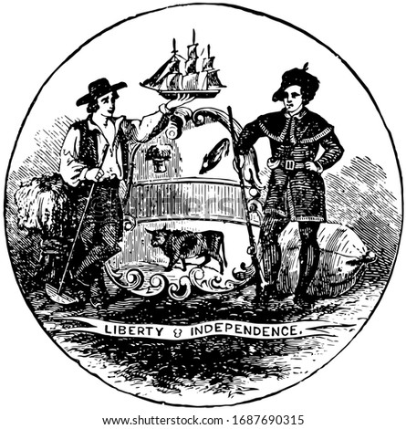 The official seal of the U.S. state of Delaware in 1889, in center shield shape design with ox standing on grass, supporting to shield is a farmer on left and a militiaman in right side, vintage