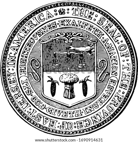 Seal of East Jersey, this circle shape seal has a balance scale hanging with the help of right hand, below that two verticle corns and in middle a sheaf, vintage line drawing or engraving illustration