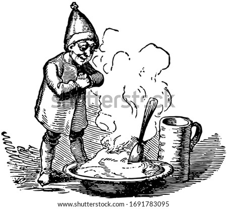 The Goblin and the Huckster, this scene shows a little man looking at food in bowl, spoon kept in bowl, cup near bowl, vintage line drawing or engraving illustration