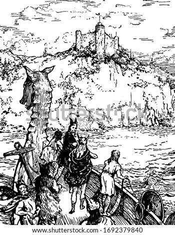 People with anchor in boat in the water going towards the castle on the mountain, vintage line drawing or engraving illustration