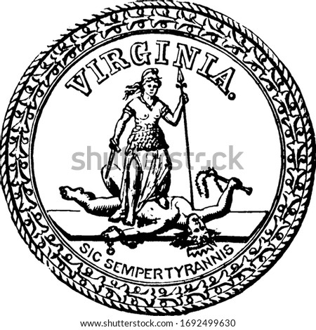 Seal of the commonwealth of Virginia, 1875, vintage illustration.