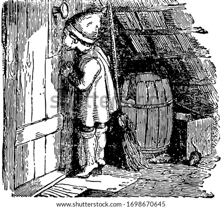 The Goblin and the Huckster, this scene shows a little boy looking through key hole of the door, barrel behind him, vintage line drawing or engraving illustration