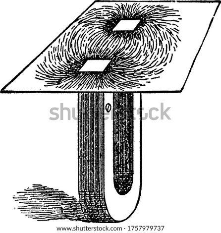 Magnetic Field, represented by placing a piece of cardboard over the magnet and sprinkling iron fillings on the paper, gently tapping at the same time, vintage line drawing or engraving illustration.
