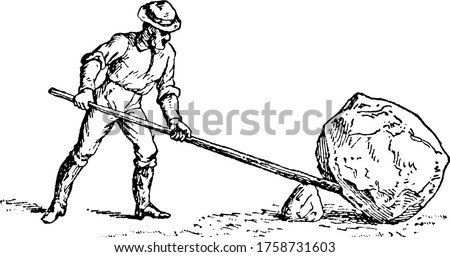 Man holding lever trying to lift heavy rock by means of fulcrum, fulcrum is a pivot point around which a lever turns, vintage line drawing or engraving illustration.