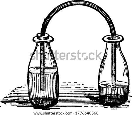 Bottle siphon, the process that requires both the pressure and gravity, with two bottles partly filled with water and connected by a bent tube that fits closely into the mouth of one and loosely