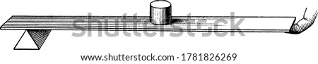 A second class lever which has fulcrum (support) on one side with a load (box) is center of the lever and a force is applied on the other side, vintage line drawing or engraving illustration. 