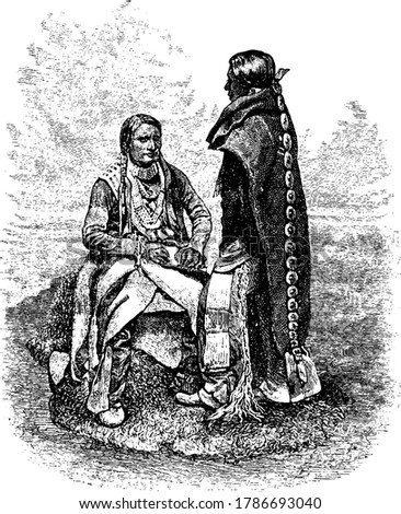 An illustration that depicts the Utes, an ethnically related group of American Indians, now living primarily in Utah and Colorado, vintage line drawing or engraving illustration.