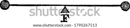 Two equal weights are attached to lever and there distance from the fulcrum is also equal, vintage line drawing or engraving illustration.