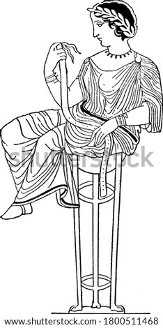 Pythia, the priestess of Apollo at Delphi, seated on a stool, vintage line drawing or engraving illustration.