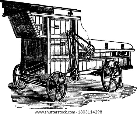 Portable Threshing-Machine, a farm equipment, is mainly used to thresh grain and separate seeds from stalks and husks. It was first invented by, Andrew Meikle, vintage line drawing or engraving.