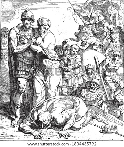 Return of Agamemnon and Cassandra to Mycenae, Agamemnon returns to Mycenae with Cassandra as spoils of war, vintage engraving.