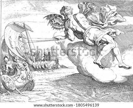 Zephyrus blows Odysseus 'ship forward, Theodoor van Thulden, after Francesco Primaticcio, after Nicolo dell Abate, Zephyrus, god of the west wind, blows Odysseus' ships forward, vintage engraving.