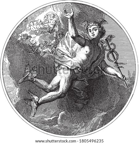 Ceiling piece with the god Mercury flying with the caduceus in his hand. In the background the gods of Olympus on the clouds, vintage engraving.