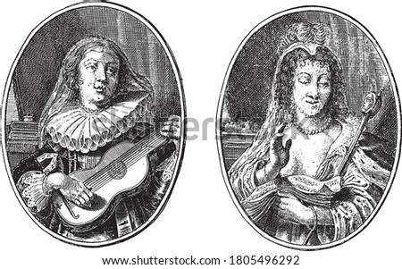 Melpomene and Thalia, Crispijn van de Passe (II), 1640 Two representations on an album sheet, vintage engraving.