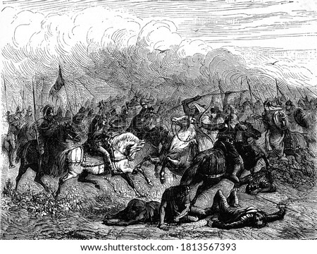 Charles Martel and Abderame at the Battle of Poitiers, Vintage engraving. From Popular France, 1869. Stock fotó © 