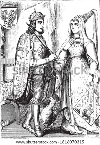 Maximilian and Marie de Bourgogne, Vintage engraving. From Popular France, 1869.