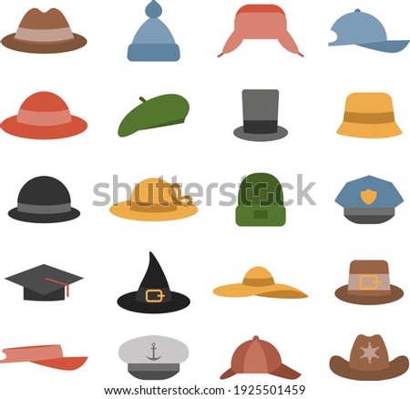 Types of hats, illustration, vector on white background.