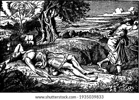 Cain and Abel- Cain Runs Away as Abel Lies Dead on the Ground vintage illustration. 