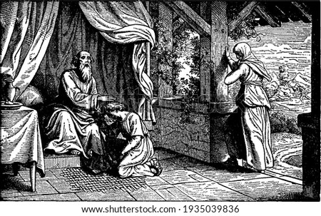 Isaac Deceives Jacob and Receives Esau's Blessing, vintage illustration