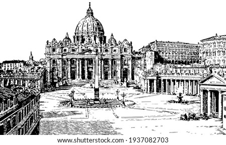 St. Peter's and the Vatican Palace,  the largest church in the world, in  Italy,  various offices of the Catholic Church, the Holy See, vintage line drawing or engraving illustration.