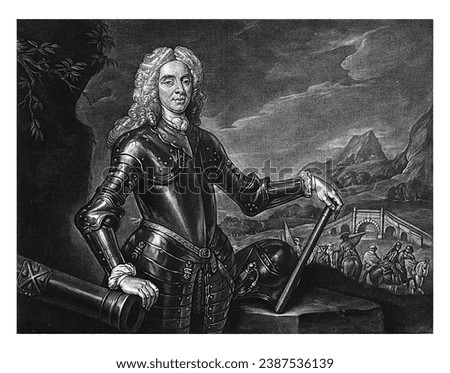 Portrait of George Wade, Alexander van Haecken, after Jan van der Banck, 1736 Lieutenant General George Wade with a captain's staff in one hand and the other hand resting on a cannon. Stock fotó © 