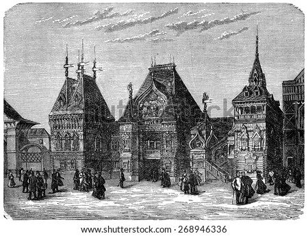 Facade of the Russian section at the 1878 Exposition, vintage engraved illustration. Industrial encyclopedia E.-O. Lami - 1875.  Foto stock © 