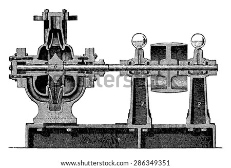 Longitudinal section of the centrifugal pump MM. Neut and Dumont, vintage engraved illustration. Industrial encyclopedia E.-O. Lami - 1875.