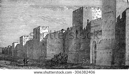 Fortified wall of Roman construction, vintage engraved illustration. Industrial encyclopedia E.-O. Lami - 1875. Foto stock © 