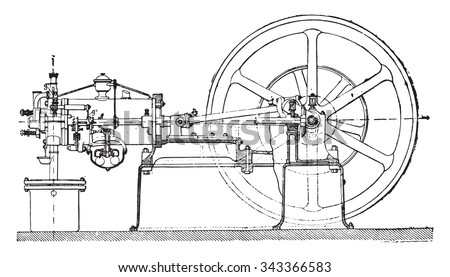 Side elevation of an Otto engine, the frame being assumed section along the axis of the rod which controls the slide, vintage engraved illustration. Industrial encyclopedia E.-O. Lami - 1875.
