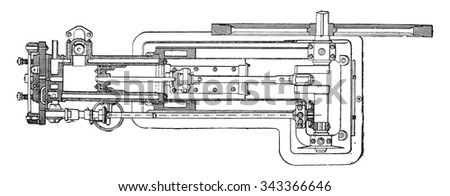 Otto engine in plan and horizontal sectional view along the cylinder axis, vintage engraved illustration. Industrial encyclopedia E.-O. Lami - 1875.
