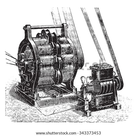Machine AC and DC currents excitatrice to Siemens, vintage engraved illustration. Industrial encyclopedia E.-O. Lami - 1875.
