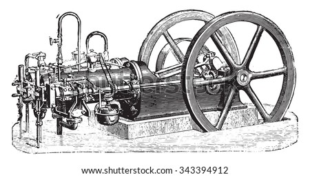 Type Otto engine, two coupled cylinders, applying specifically to the electrical lighting installations, vintage engraved illustration. Industrial encyclopedia E.-O. Lami - 1875.
