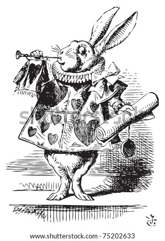 White Rabbit, dressed as herald, blowing trumpet Alice’s Adventures in Wonderland original vintage engraving. Near the King was the White Rabbit, with a trumpet in one hand, and a scroll of parchment