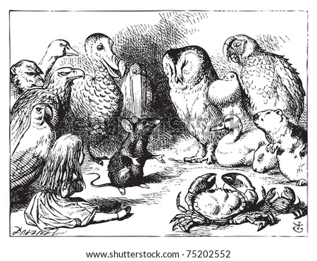 Alice in Wonderland. The mouse tells Alice a story. The mouse is telling a story to the crowd of animals.Alice’s Adventures in Wonderland. Illustration from John Tenniel, published in 1865.