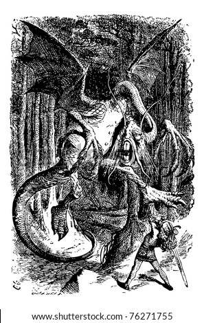 The Jabberwocky – Through the Looking Glass and what Alice Found There original book engraving. Alice is battling the Jabberwocky, swinging her sword.
