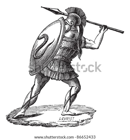 Old Engraved Illustration Of The Greek Soldier With His Armor ...