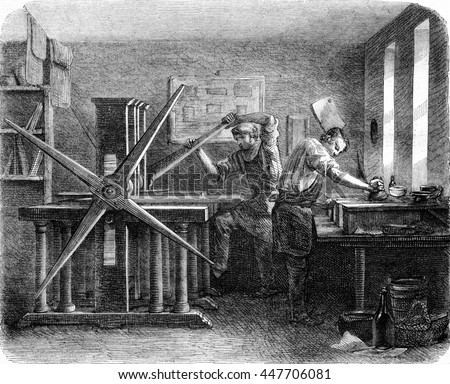 Workshop printers intaglio, vintage engraved illustration. Magasin Pittoresque 1852. Stockfoto © 