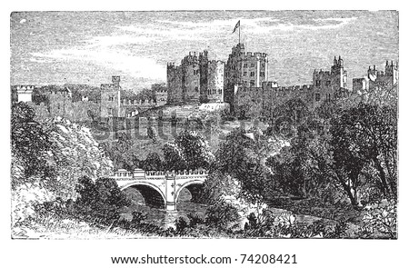 Alnwick Castle, in Alnwick, Northumberland County. 1890 vintage engraved illustration. Vector engraving, Location of various film, such as Harry Potter and Elizabeth.
