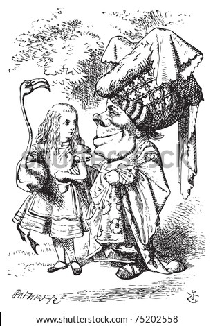 Alice (with flamingo) chat with the Duchess - Alice in Wonderland vintage engraving. Alice is holding a flamingo under her arm as she speaks with the Duchess, who wears a large hat and a flowery dress