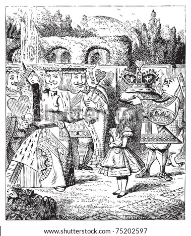 The Queen turned crimson with fury, and, after glaring at her for a moment like a wild beast, screamed ?Off with her head! Off... Alice's Adventures in Wonderland original vintage engraving.