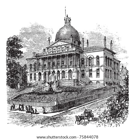 State House or Massachusetts State House or The New State House, Beacon Hill, Boston, Massachusetts, USA vintage engraving.  Old engraved illustration of building exterior