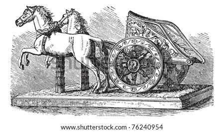 Roman Chariot, vintage engraving. Old engraved illustration of a Roman Chariot pulled by two horses.