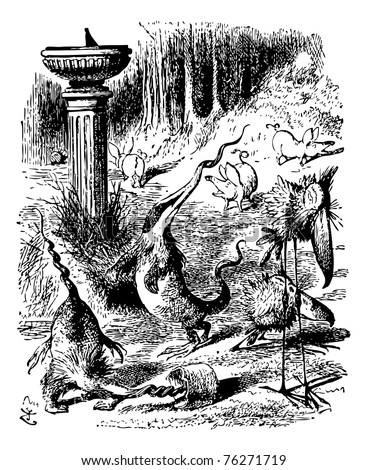 Jabberwocky creatures - Through the Looking Glass and what Alice Found There original book engraving. Numerous wild creatures near a column fountain.