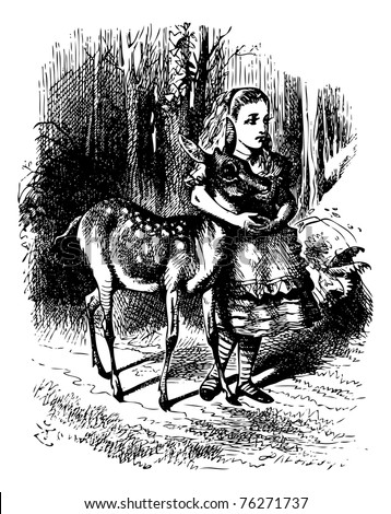 Alice with her arms clasped lovingly round the soft neck of the Fawn - Through the looking Glass and what Alice found there original book vintage engraving.
