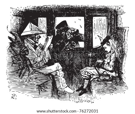 In the Train - Original book engraving. All this time the Guard was looking at her, first through a telescope, then through a microscope, and then through an opera-glass. At last he said...