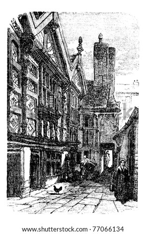 Stanley Palace, in Chester, Cheshire, United Kingdom, during the 1890s, vintage engraving. Old engraved illustration of a street scene in front of Stanley Palace. Trousset Encyclopedia