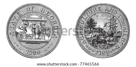 Great Seal of the State of Georgia, USA, vintage engraving. Old engraved illustration of Great Seal of the State of Georgia with both sides, isolated on a white background.