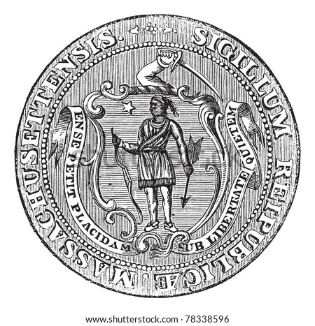 Great Seal of the Commonwealth of Massachusetts or the Seal of the Republic of Massachusetts, United States, vintage engraving. Isolated on a white background. Trousset Encyclopedia